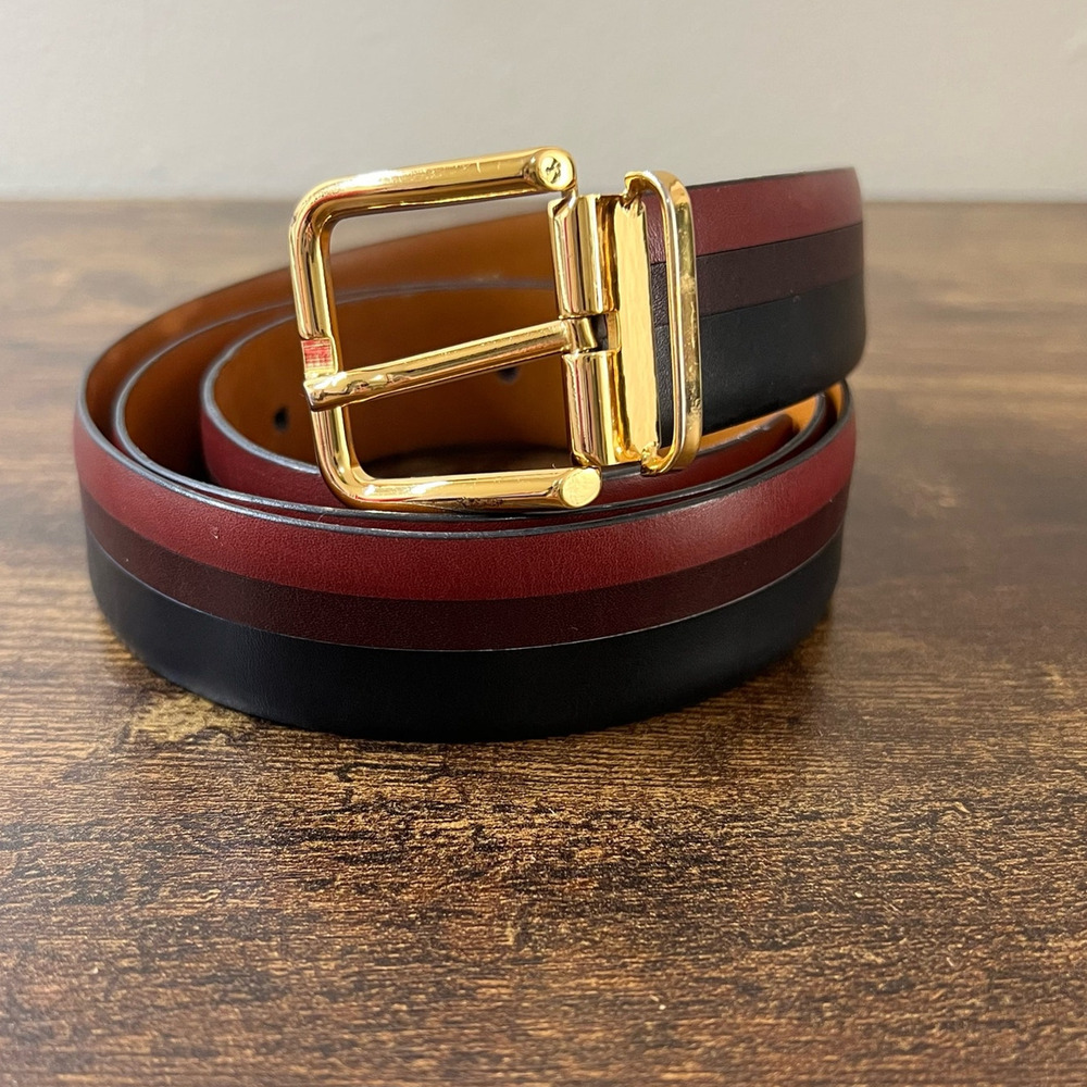 A. Testoni Soft Leather Belt 40 Mens Stripe Classic Gold Buckle Designer Italy